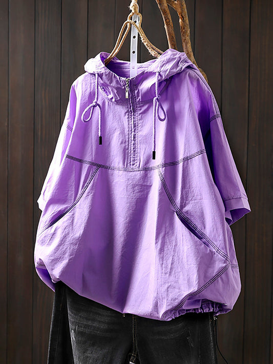 Women Summer Artsy Drawstring Hooded Cotton Shirt