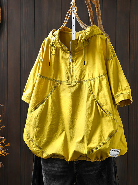 Women Summer Artsy Drawstring Hooded Cotton Shirt