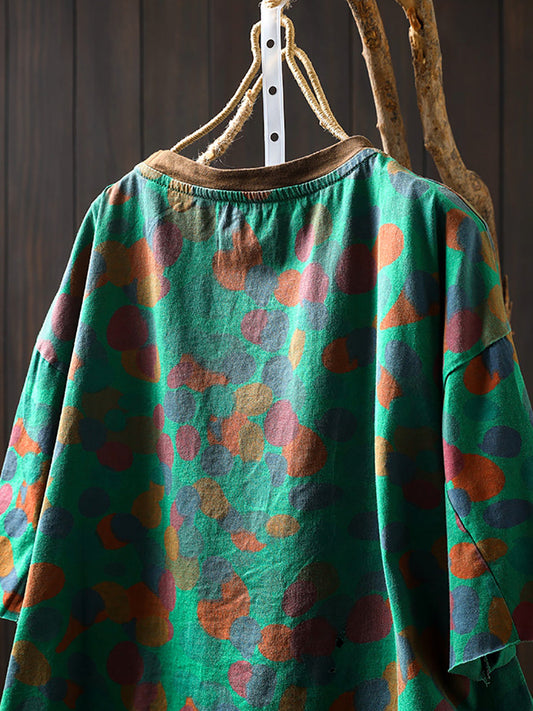 Women Summer Artsy O-Neck Colorful Dot Cotton Shirt