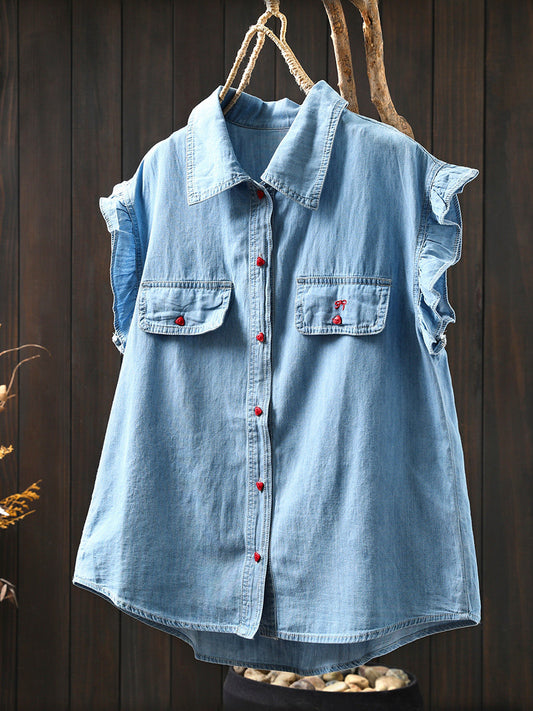 Women Summer Pure Color Ruffled Sleeve Denim Shirt