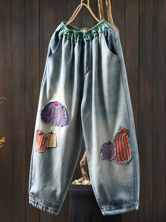 Women Spring Pumpkin Patchwork Denim Loose Harem Pants
