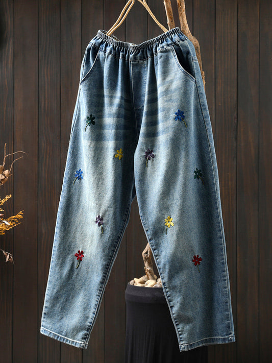 Women Summer Flower Embroidery Denim Loose Harem Pants