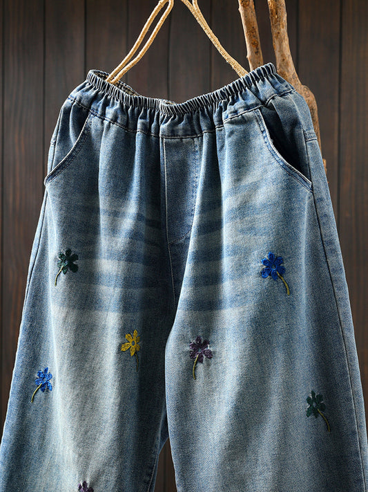 Women Summer Flower Embroidery Denim Loose Harem Pants