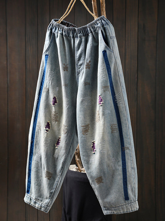 Women Spring Embroidery Frayed Denim Harem Pants