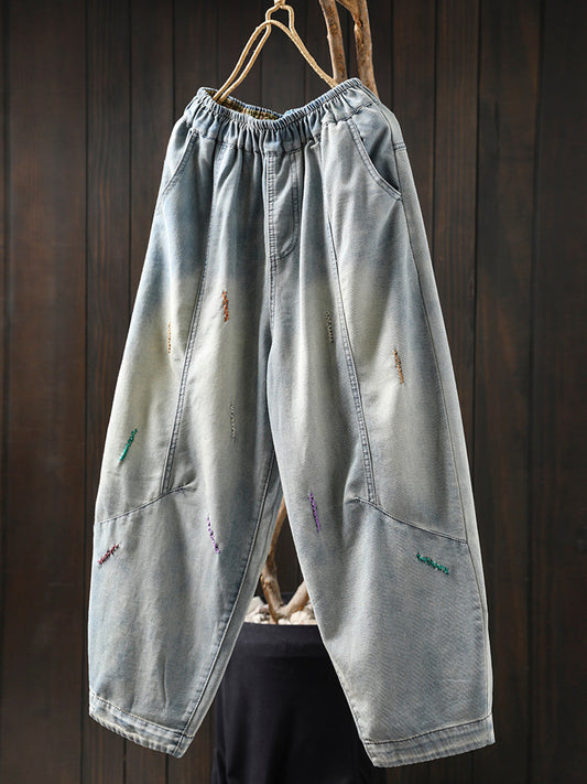 Women Spring Embroidery Denim Harem Pants