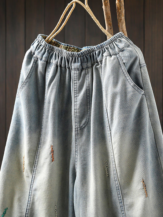 Women Spring Embroidery Denim Harem Pants