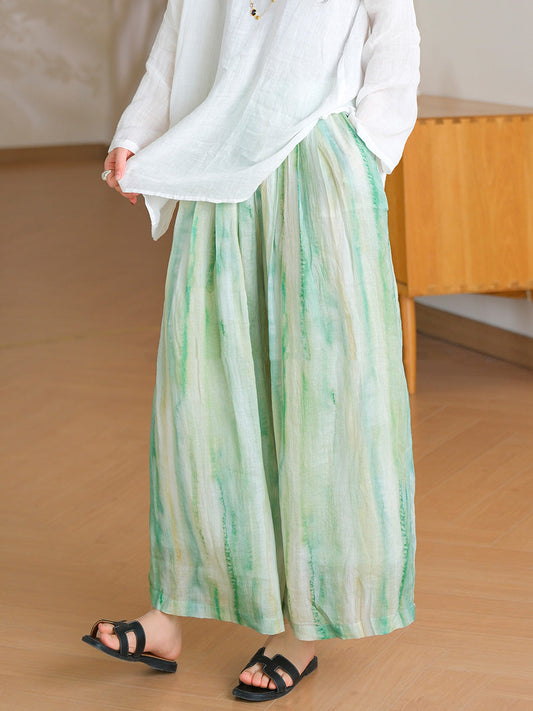 Women Summer Artsy Print 100%Ramie Wide-leg Pants