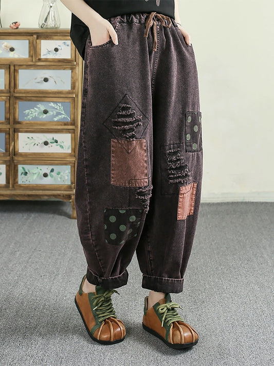 Women Retro Patchwork Frayed Denim Harem Pants