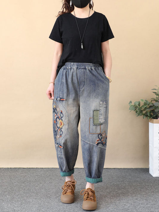 Women Ethnic Flower Embroidery Denim Harem Pants