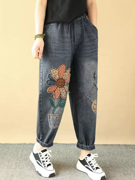 Women Retro Flower Patchwork Denim Harem Pants