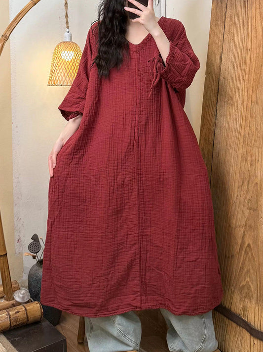 Women Summer Pure Color V-Neck Linen Dress