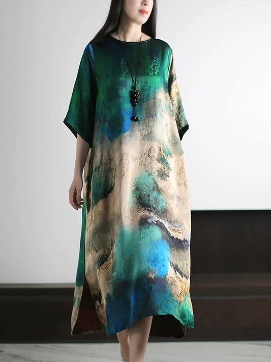 Women Summer Artsy Print O-Neck Silk Loose Dress