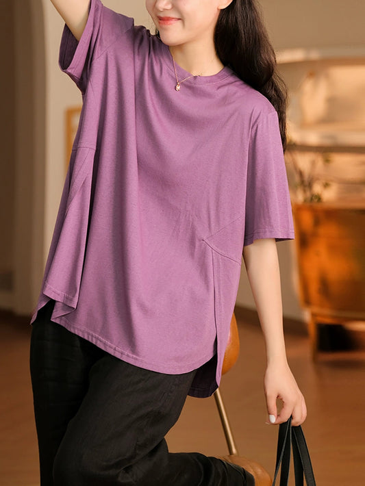 Women Summer Casual Pure Color O-Neck Cotton Shirt