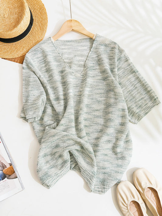 Women Summer Casual Pure Color Knitted V-Neck Shirt