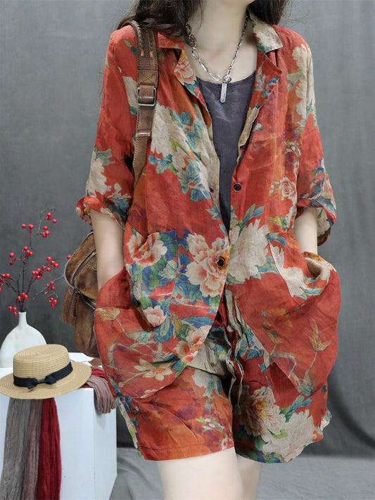 Women Summer Vintage Flower Ramie Short Suit