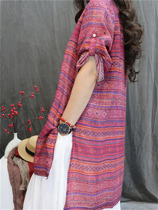 Women Summer Retro Geometric V-Neck 100%Ramie Shirt
