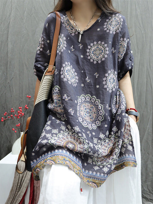 Women Summer Retro Geometric V-Neck 100%Ramie Shirt