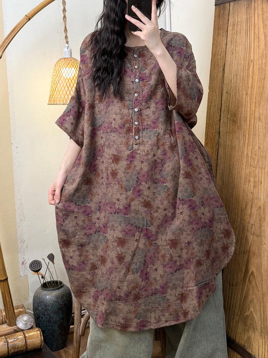 Women Summer Flower O-Neck Cotton Loose Dress
