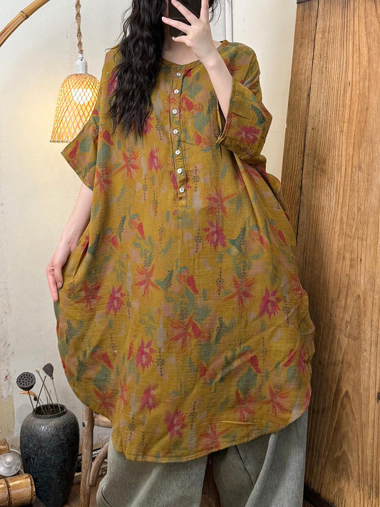 Women Summer Flower O-Neck Cotton Loose Dress