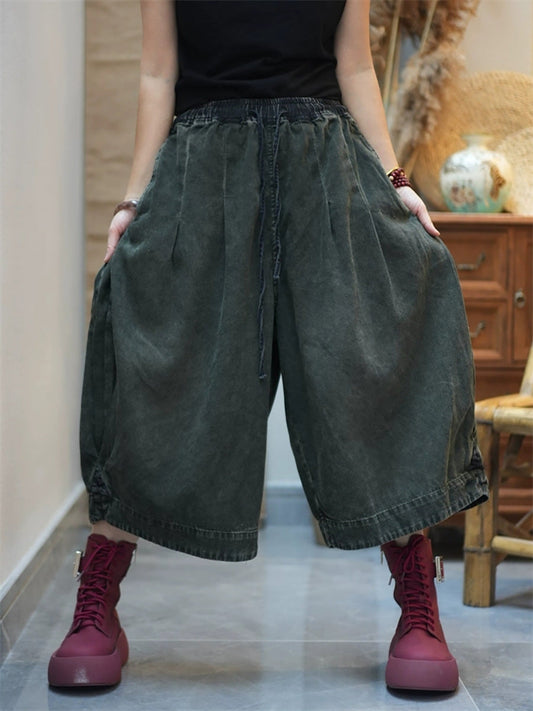 Women Retro Spring Pure Color Denim Wide-leg Pants
