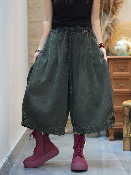 Women Retro Spring Pure Color Denim Wide-leg Pants