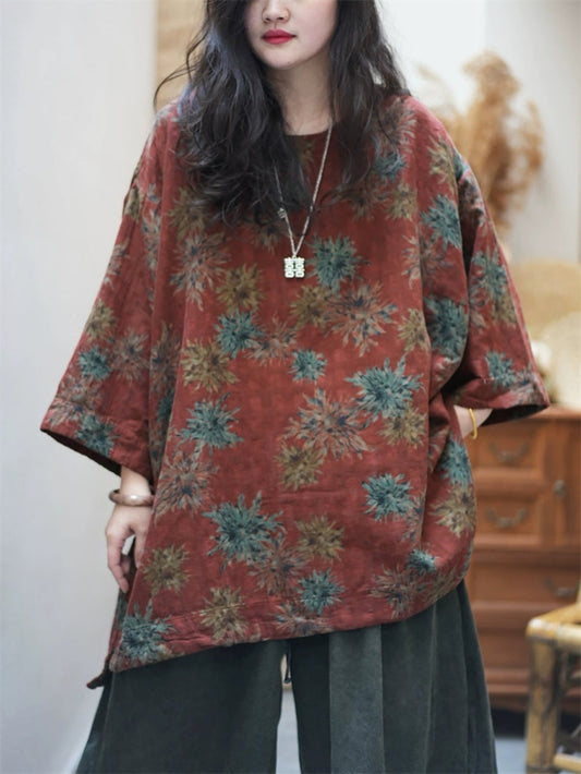 Women Spring Retro Flower O-Neck Cotton Shirt