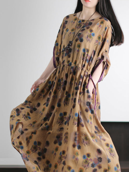 Women Summer Artsy Floral O-Neck Loose Silk Maxi Dress