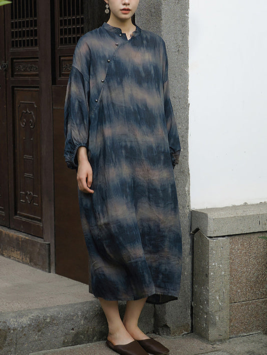 Women Summer Artsy Print Stand Collar Ramie Dress
