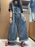 Women Summer Retro Pure Color Denim Long Jumpsuits