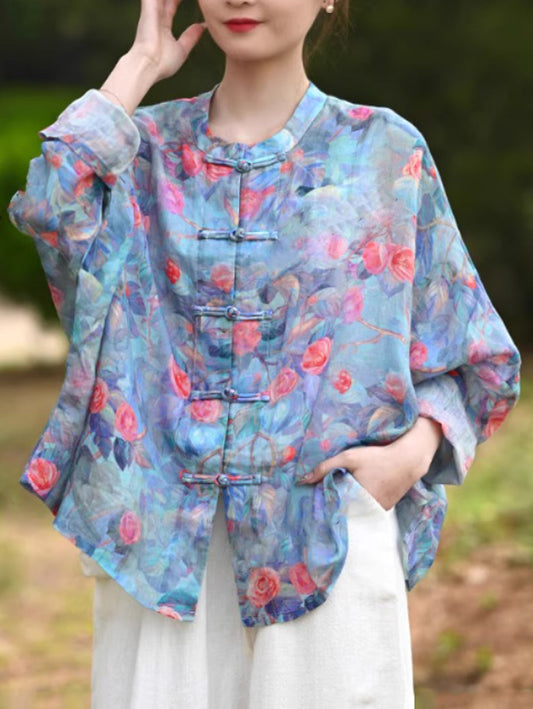 Women Summer Ethnic Flower Stand Collar 100%Ramie Shirt