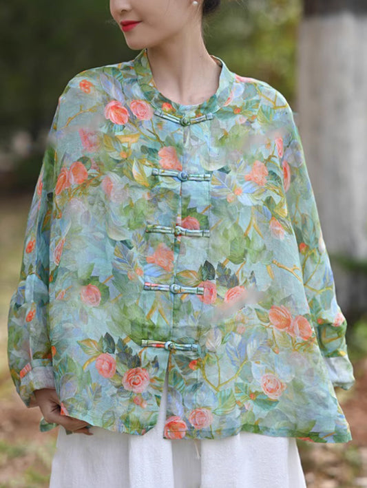 Women Summer Ethnic Flower Stand Collar 100%Ramie Shirt