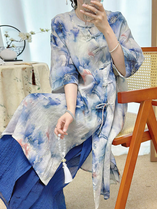 Women Summer Artsy Flower Stand Collar 100%Ramie Dress