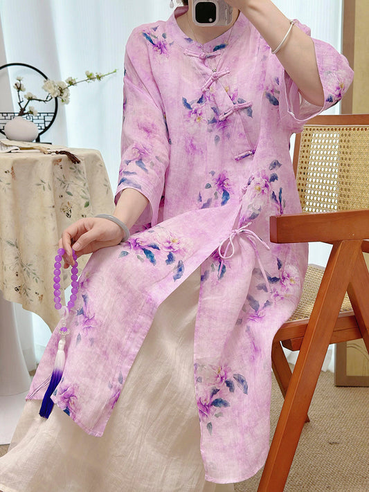 Women Summer Artsy Flower Stand Collar 100%Ramie Dress