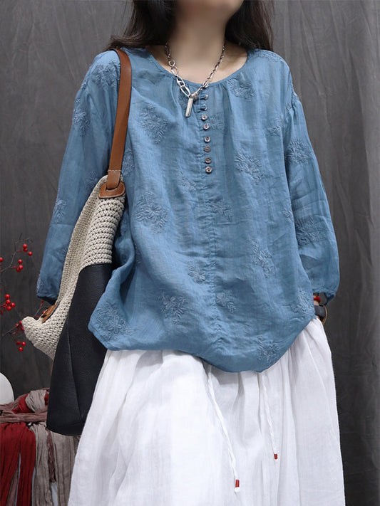 Women Summer Flower Embroidery O-Neck 100%Ramie Shirt