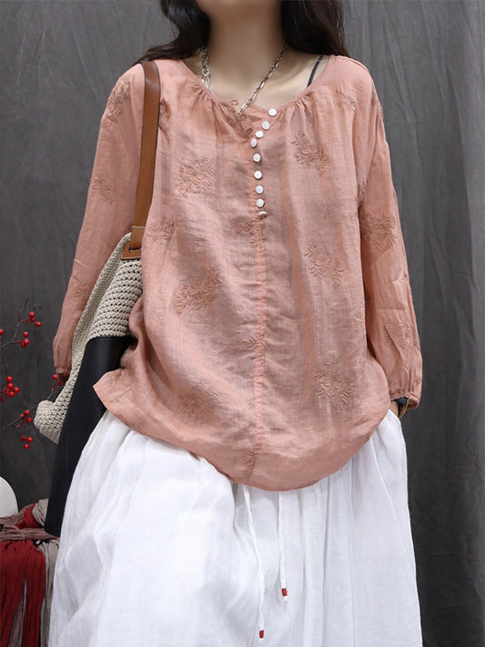 Women Summer Flower Embroidery O-Neck 100%Ramie Shirt