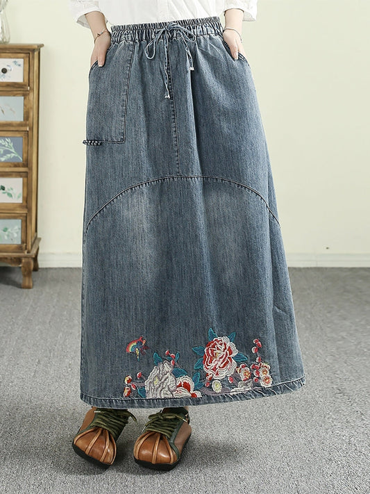 Women Spring Artsy Denim Embroidery A-Shape Skirt