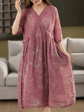 Women Summer Artsy Flower V-Neck 100%Ramie Dress