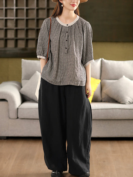 Women Summer Retro Lattice O-Neck 100%Linen Shirt