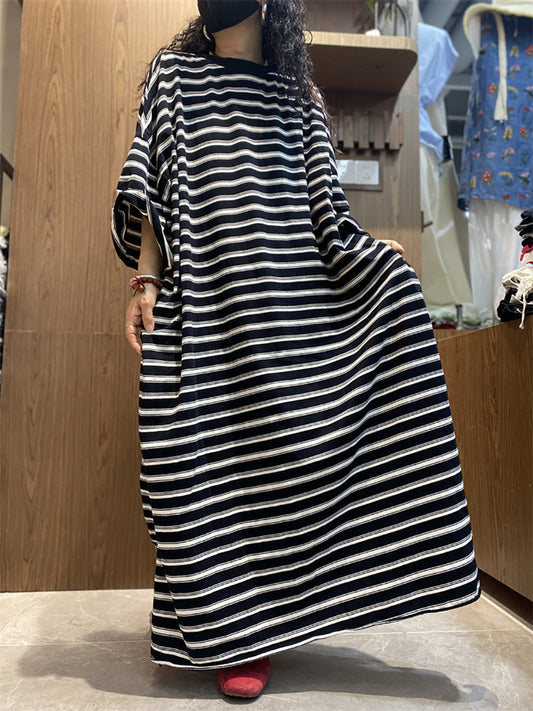 Women Summer Casual Stripe O-Neck Cotton Maxi Dress