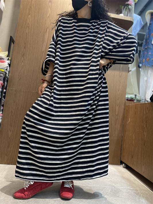 Women Summer Casual Stripe O-Neck Cotton Maxi Dress
