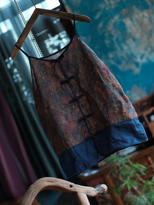 Women Summer Vintage Floral Spliced  V-Neck 100%Cotton Vest