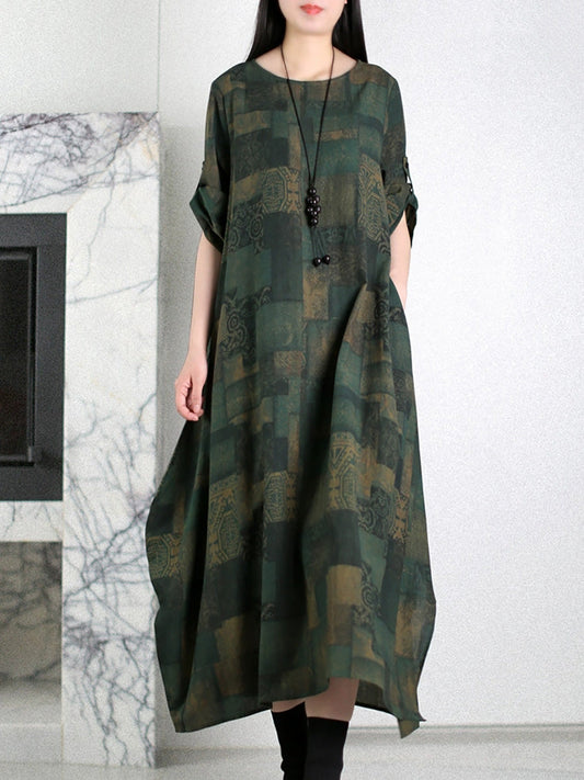 Women Summer Vintage Patchwork O-Neck Cotton Dress
