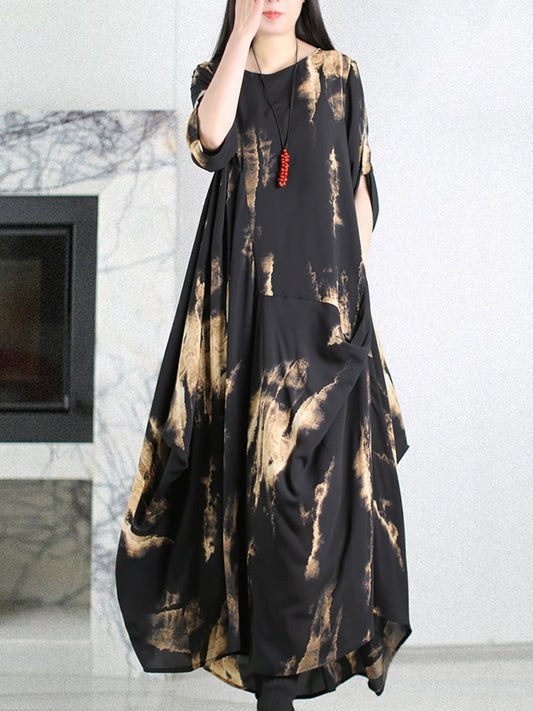 Women Summer Vintage Print O-Neck Silk Loose Dress