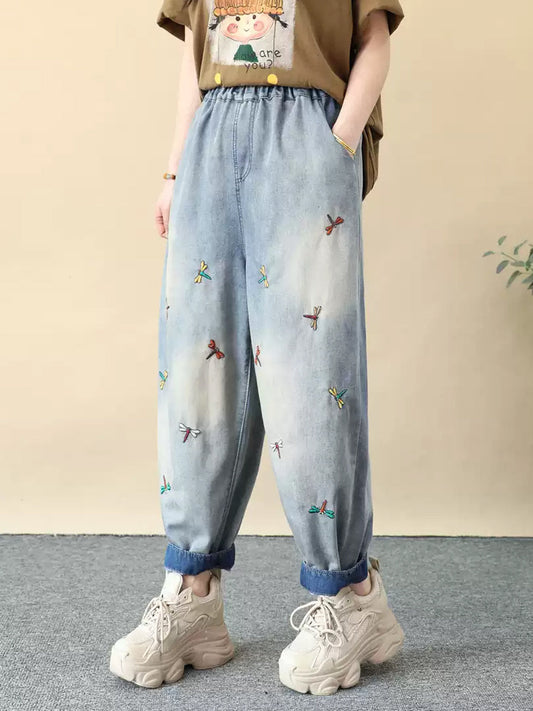 Women Fashion Dragonfly Embroidery Denim Harem Pants