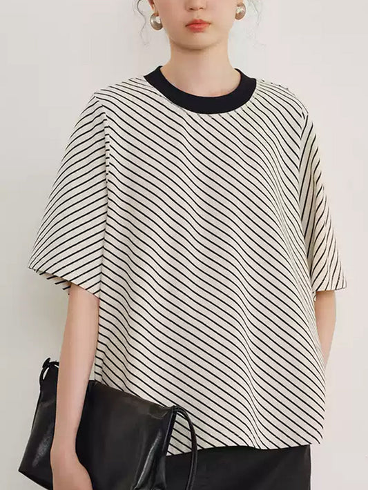 Women Summer Casual Colorblock Stripe O-Neck Cotton Shirt