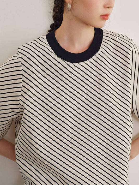 Women Summer Casual Colorblock Stripe O-Neck Cotton Shirt