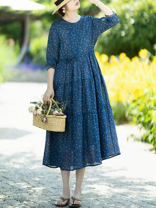 Women Summer Artsy Dot O-Neck 100%Ramie Dress