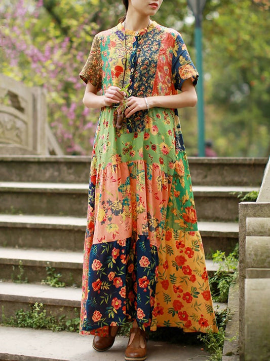 Women Summer Bohemia Flower Patch 100%Cotton Maxi Dress
