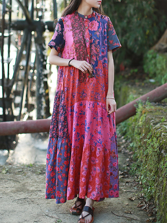 Women Summer Bohemia Flower Patch 100%Cotton Maxi Dress