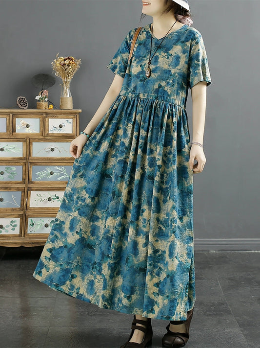Women Summer Artsy Flower V-Neck Cotton Linen Dress